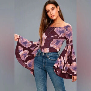 Free People Purple Floral Long Sleeve Top